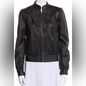 Mike & Chris Leather Biker Jacket Ruffled Neck Luxury Designer Preppy Chic Sz M